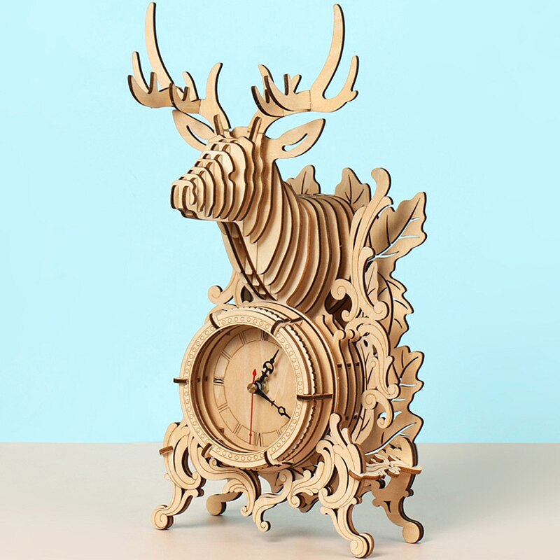 WoodPixl 3D Wooden Desk Clock Puzzle Creative DIY Game Assembly (Deer Head) 138 pieces