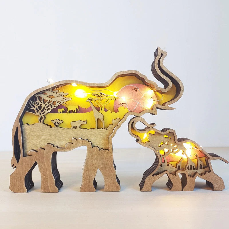 WoodPixl Creative Statue Wooden Carving Sculpture Model With LED (Elephant Family)