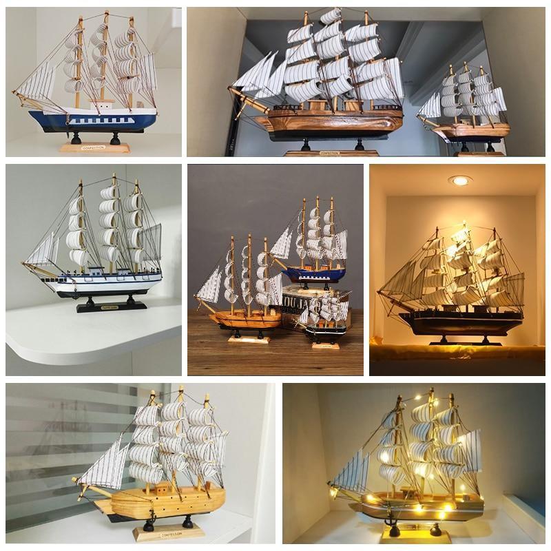 WoodPixl Creative Wooden Art Decoration Handmade Carving Model with LED Light (Sailboats) 20 cm