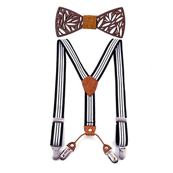 WoodPixl Natural Carving Wooden Bow Ties and Striped Braces For Kids Boys Set - Floral Shape Design