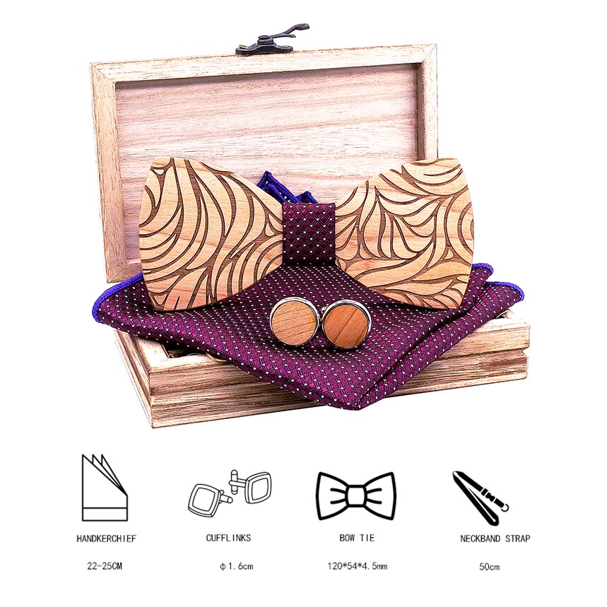 WoodPixl Natural Carving Wooden Bow Ties Handkerchief and Cufflinks For Trendsetter Kids and Men Set - Floral Wood Design