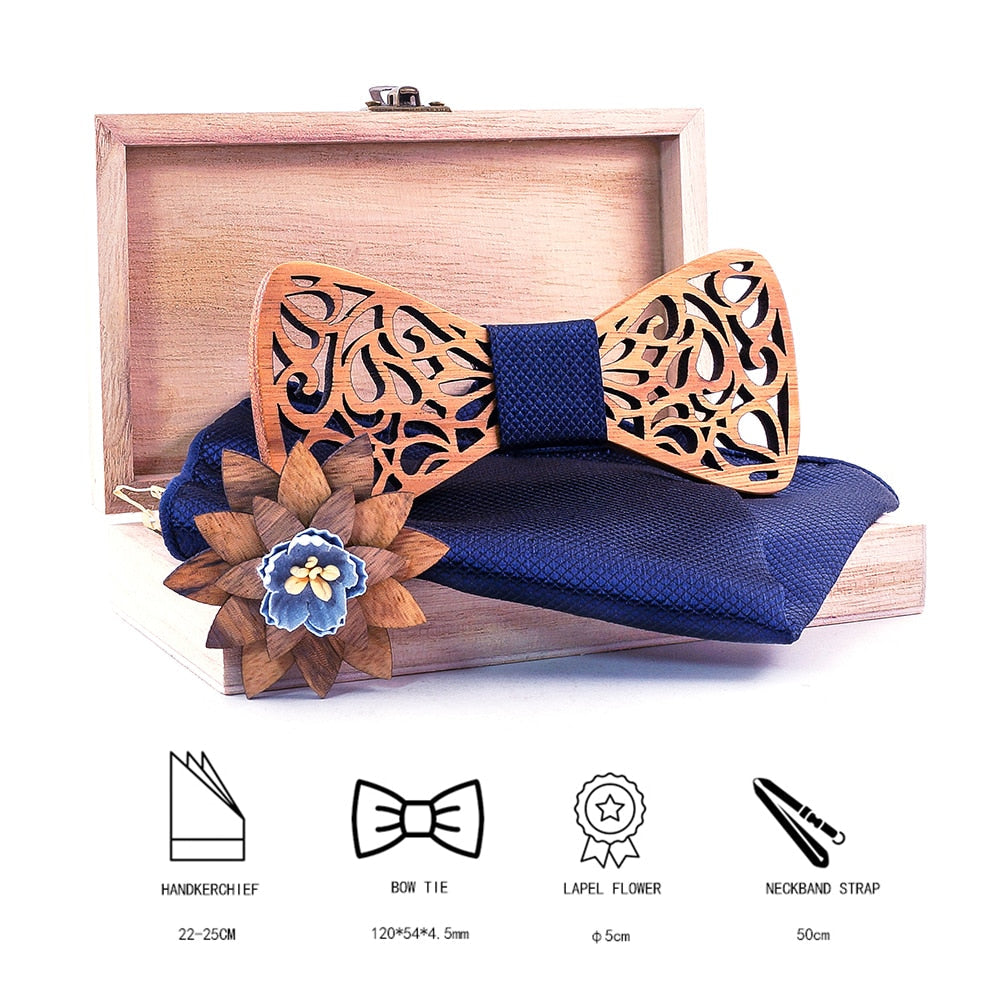 WoodPixl Natural Carving Wooden Brooch Bow tie and Handkerchief For Trendsetter Men Set - Floral Wood Design