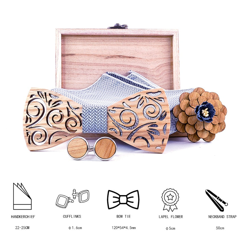 WoodPixl Natural Carving Wooden Brooch Bow tie Handkerchief and Cufflinks For Trendsetter Kids and Men Sets - Floral Wood Design