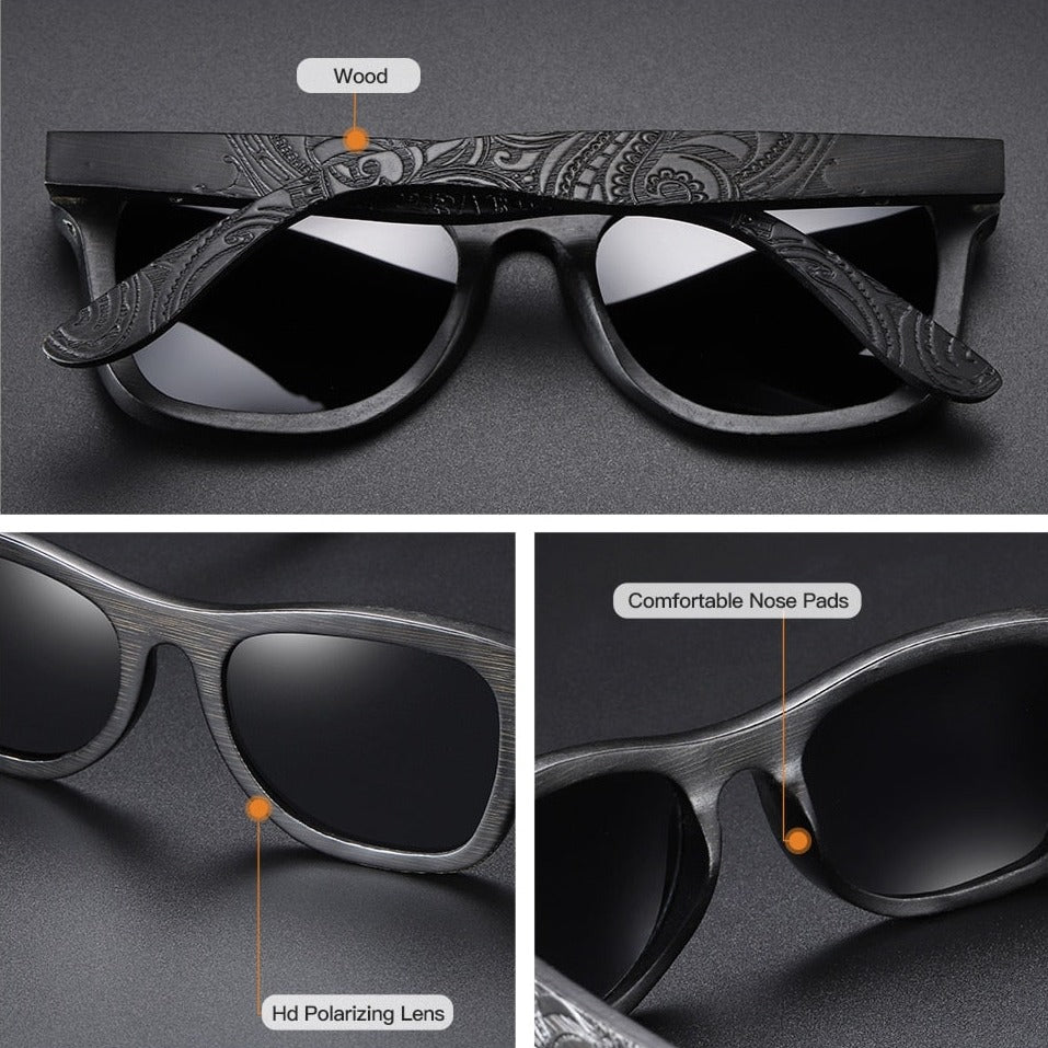 WoodPixl Natural Carving Wooden Sunglasses Men and Women Luxury Fashionnable Polarized Lens Sun Glasses - Black Wood Frame