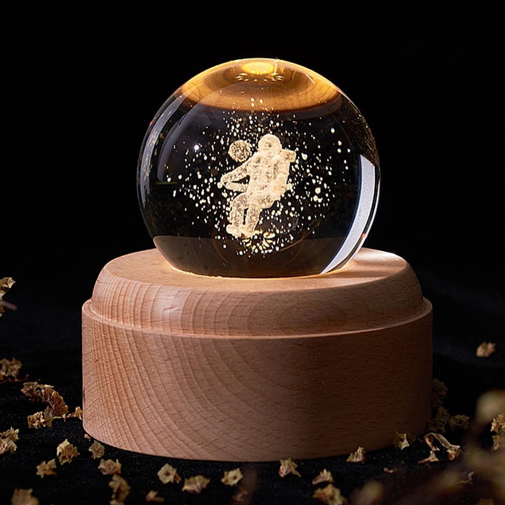 WoodPixl Rotating Lullaby Wooden Music Box with Crystal Ball and LED Light Projection (Astronaut)