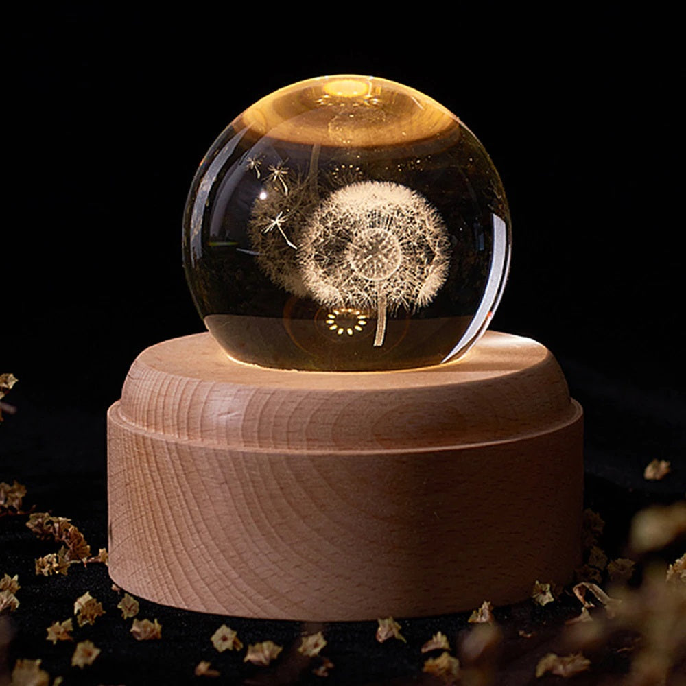 WoodPixl Rotating Lullaby Wooden Music Box with Crystal Ball and LED Light Projection (Dandelion)