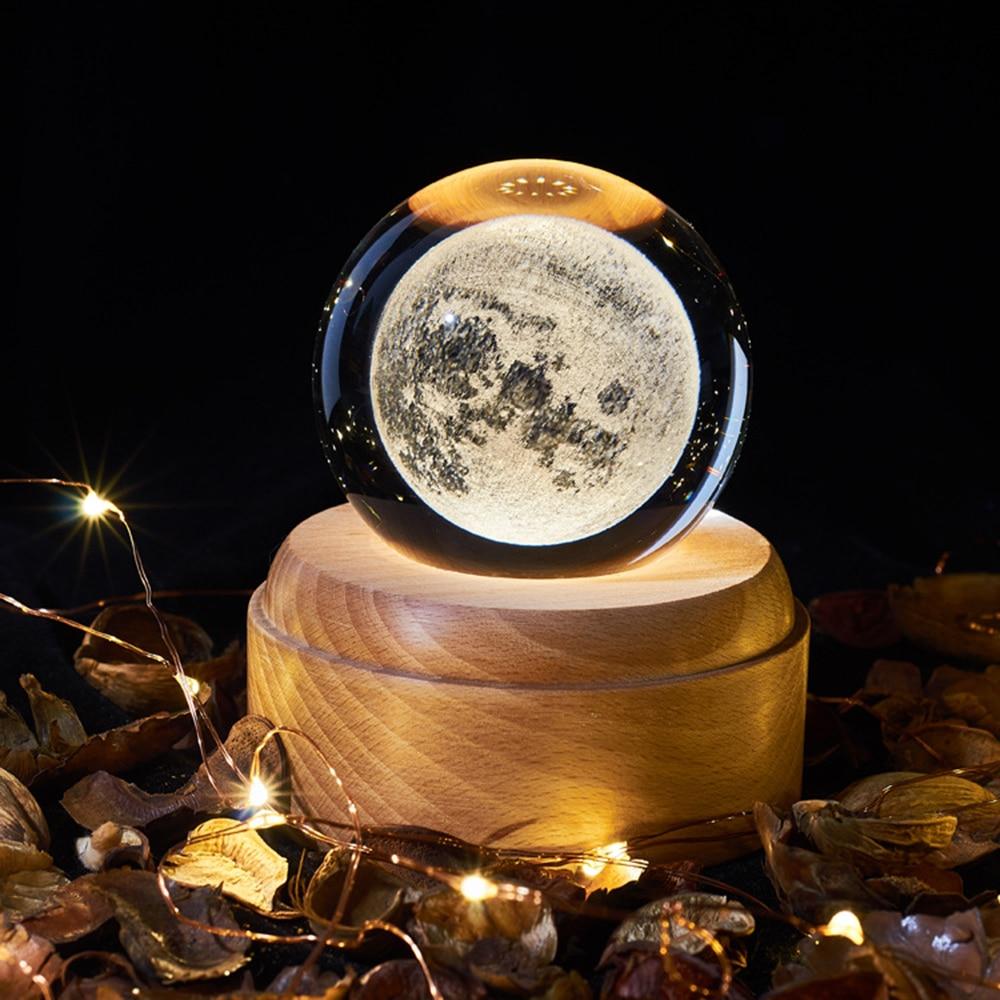 WoodPixl Rotating Lullaby Wooden Music Box with Crystal Ball and LED Light Projection (Moon)