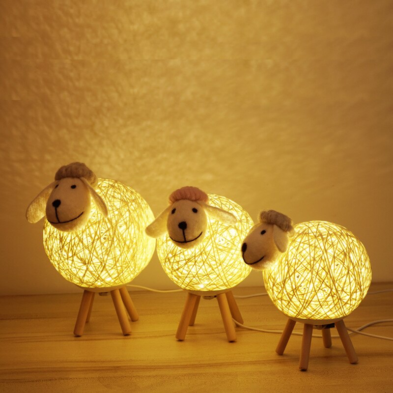 WoodPixl Wooden LED Lamp Cute Sheep Shape Nightlight Beige Woven | Pink - Gray (Size S)