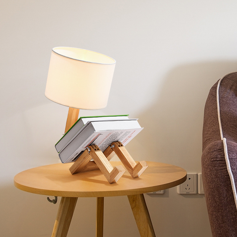 WoodPixl Wooden LED Lamp Solid Robot Walnut Wood Adjustable Base Nightlight with Lampshade